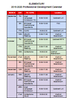 Elementary PD Calendar 2019-2020 Image