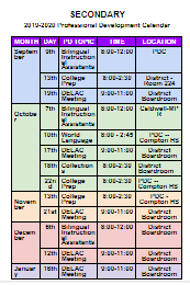 Secondary PD Calendar 2019-2020  Image